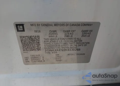 2019 Chevrolet Equinox Lt z USA, uszkodzony, nr VIN 2GNAXKEV2K6130265